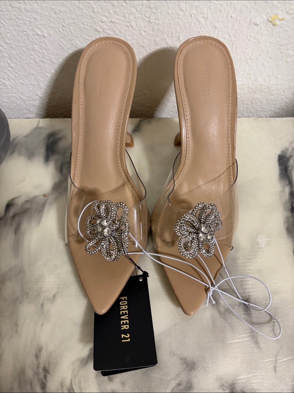Forever 21 Nude Pointed Mules with Crystal Floral Accent